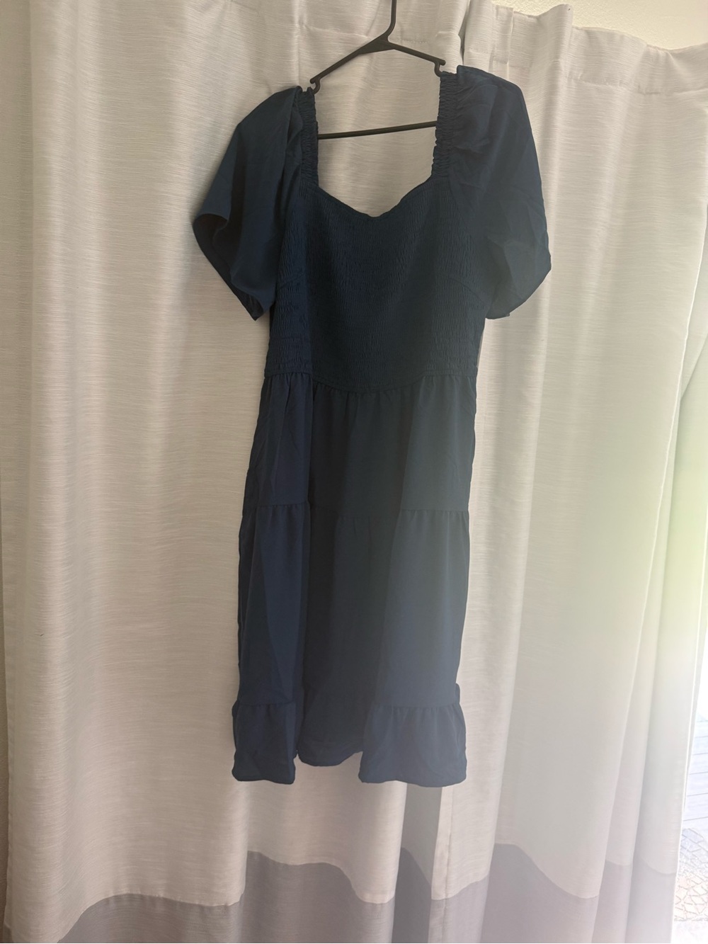 Navy Puff-Sleeve Smocked Midi Dress